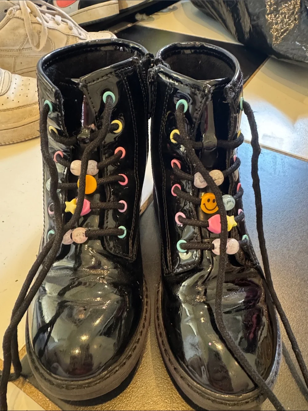 Black Patent Lace-Up Boots with Rainbow Eyelets childrens sz 1